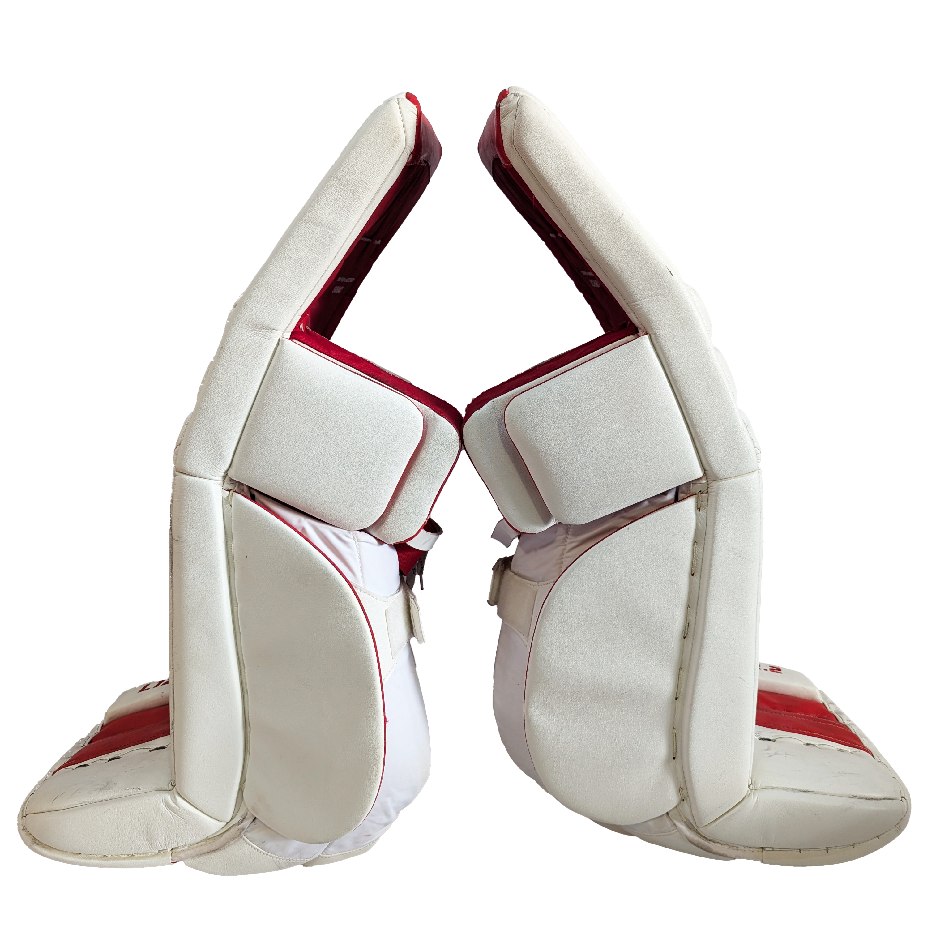 TRUE L12.2 - Jambières de gardien de but AHL Pro Stock d'occasion (blanches/rouges)